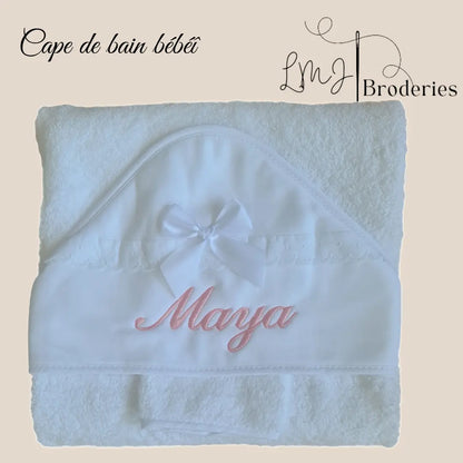 Cape de bain et gant détail broderie anglaise et noeud satin personnalisé LMJbroderies ! cadeau personnalisé 