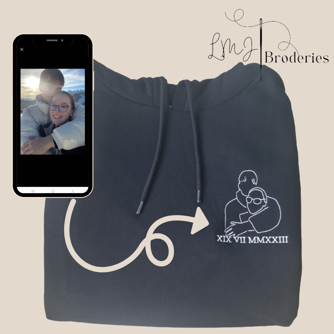 Sweat adulte femme homme avec capuche brodé personnalisé photo art line portrait cadeau unique et original LMJbroderies 