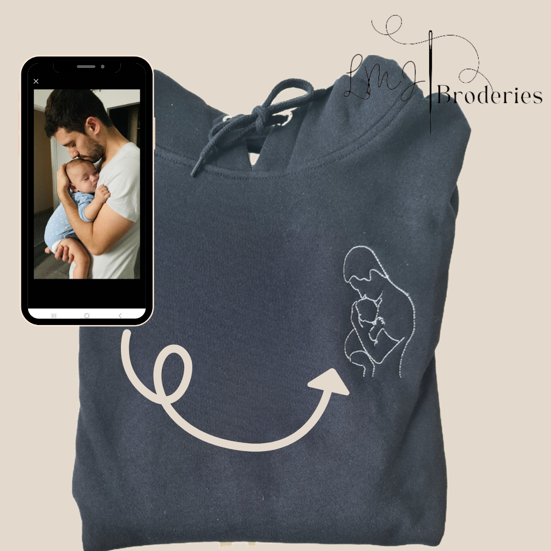 Sweat adulte femme homme avec capuche brodé personnalisé photo art line portrait cadeau unique et original LMJbroderies 