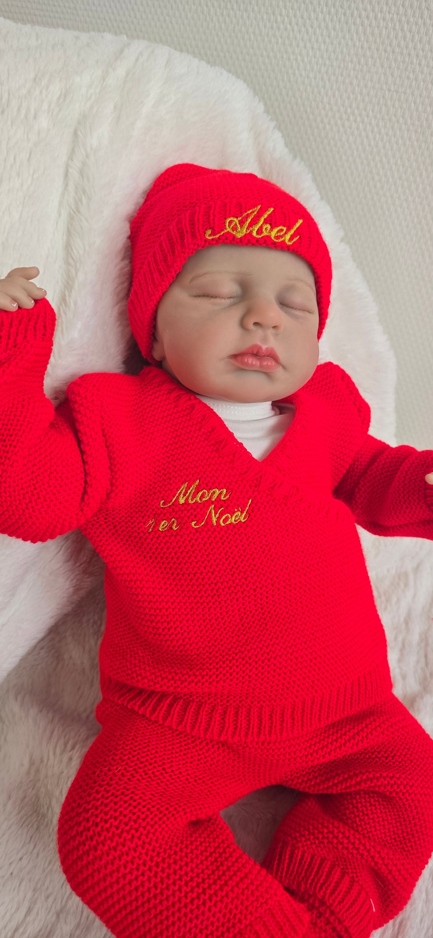 Tenue de Noël bébé personnalisée prénom brodé – Ensemble tricoté naissance 0-3 mois – Cadeau 1er Noël LMJbroderies LMJbroderies ! cadeau personnalisé 