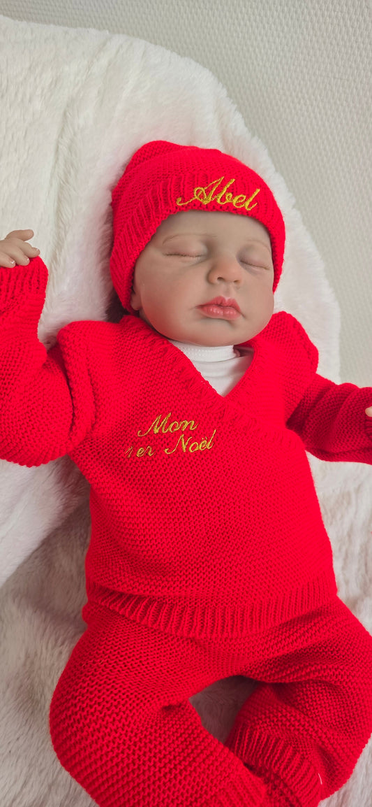 Tenue de Noël bébé personnalisée prénom brodé – Ensemble tricoté naissance 0-3 mois – Cadeau 1er Noël LMJbroderies LMJbroderies ! cadeau personnalisé 