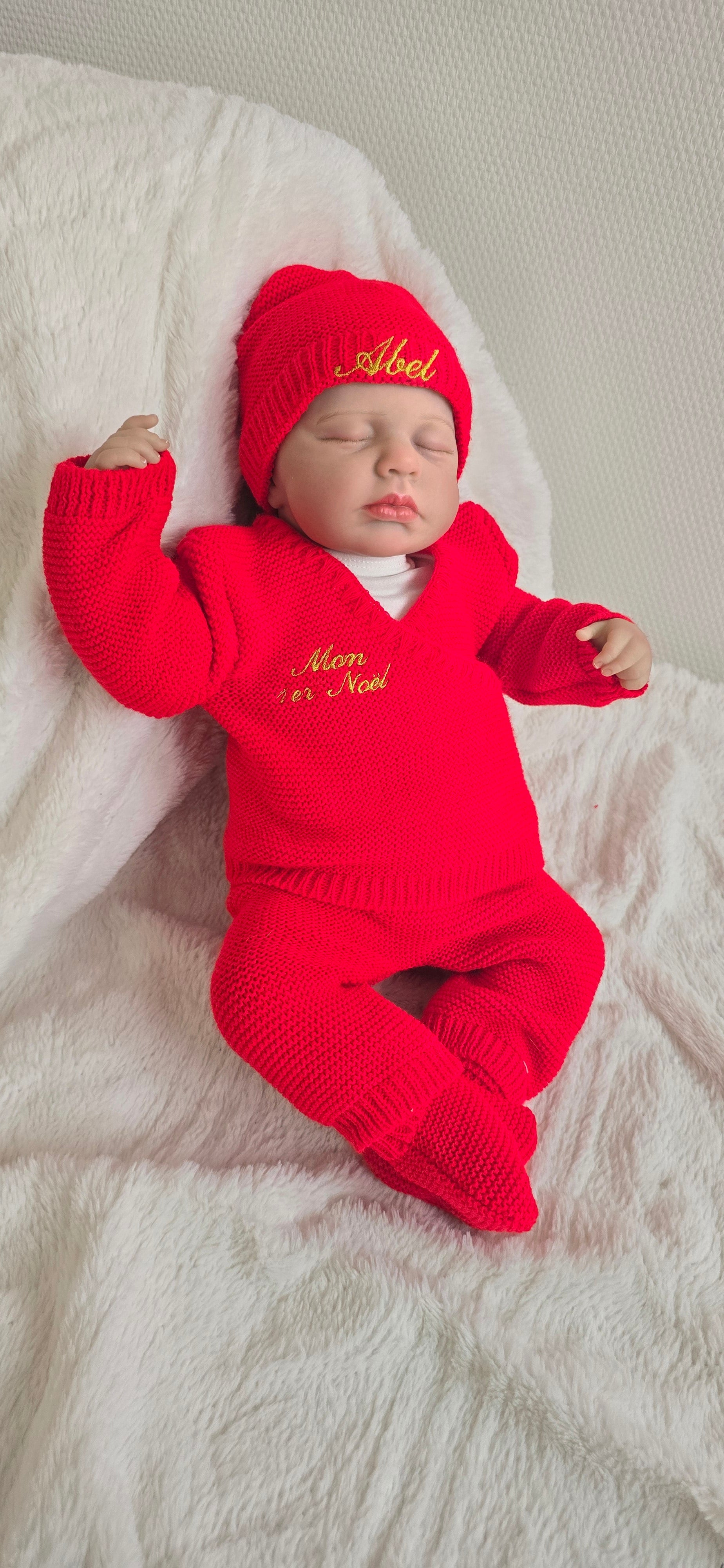 Tenue de Noël bébé personnalisée prénom brodé – Ensemble tricoté naissance 0-3 mois – Cadeau 1er Noël LMJbroderies LMJbroderies ! cadeau personnalisé 